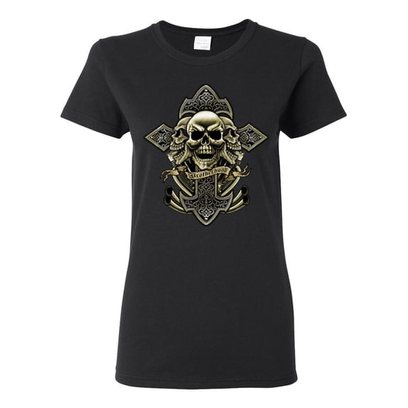 Brotherhood Biker Motorcycles Cross and Skull Pop Culture Womens Graphic T-Shirt, Black, Large