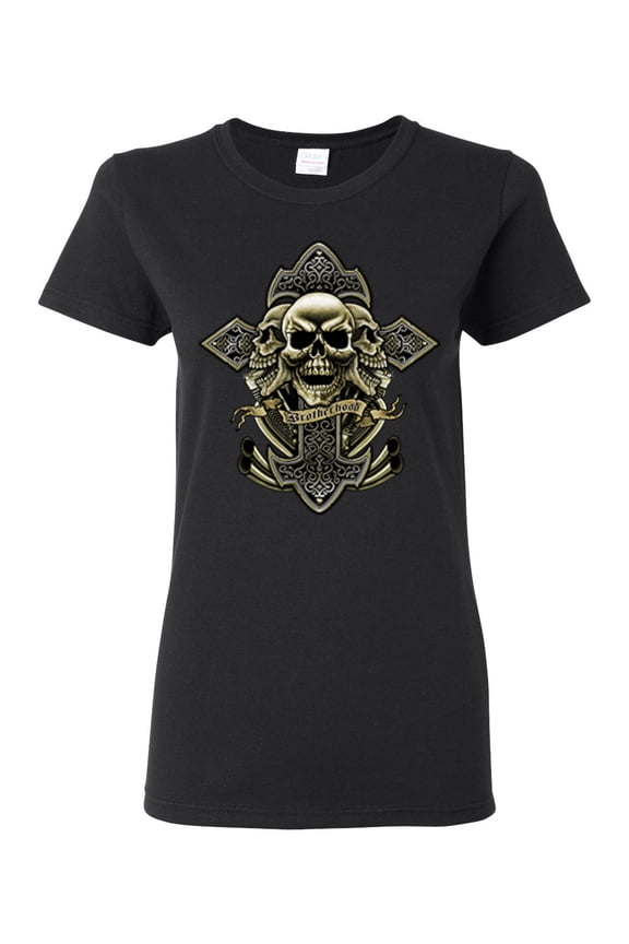 Brotherhood Biker Motorcycles Cross and Skull Pop Culture Womens Graphic T-Shirt, Black, Small