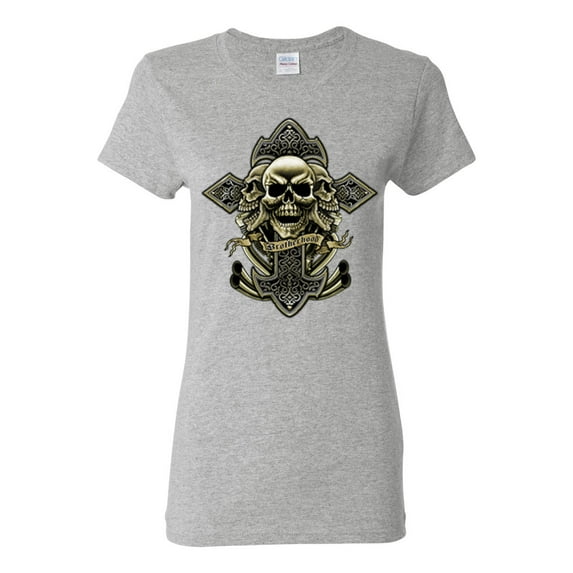Brotherhood Biker Motorcycles Cross and Skull Pop Culture Womens Graphic T-Shirt, Heather Grey, Large