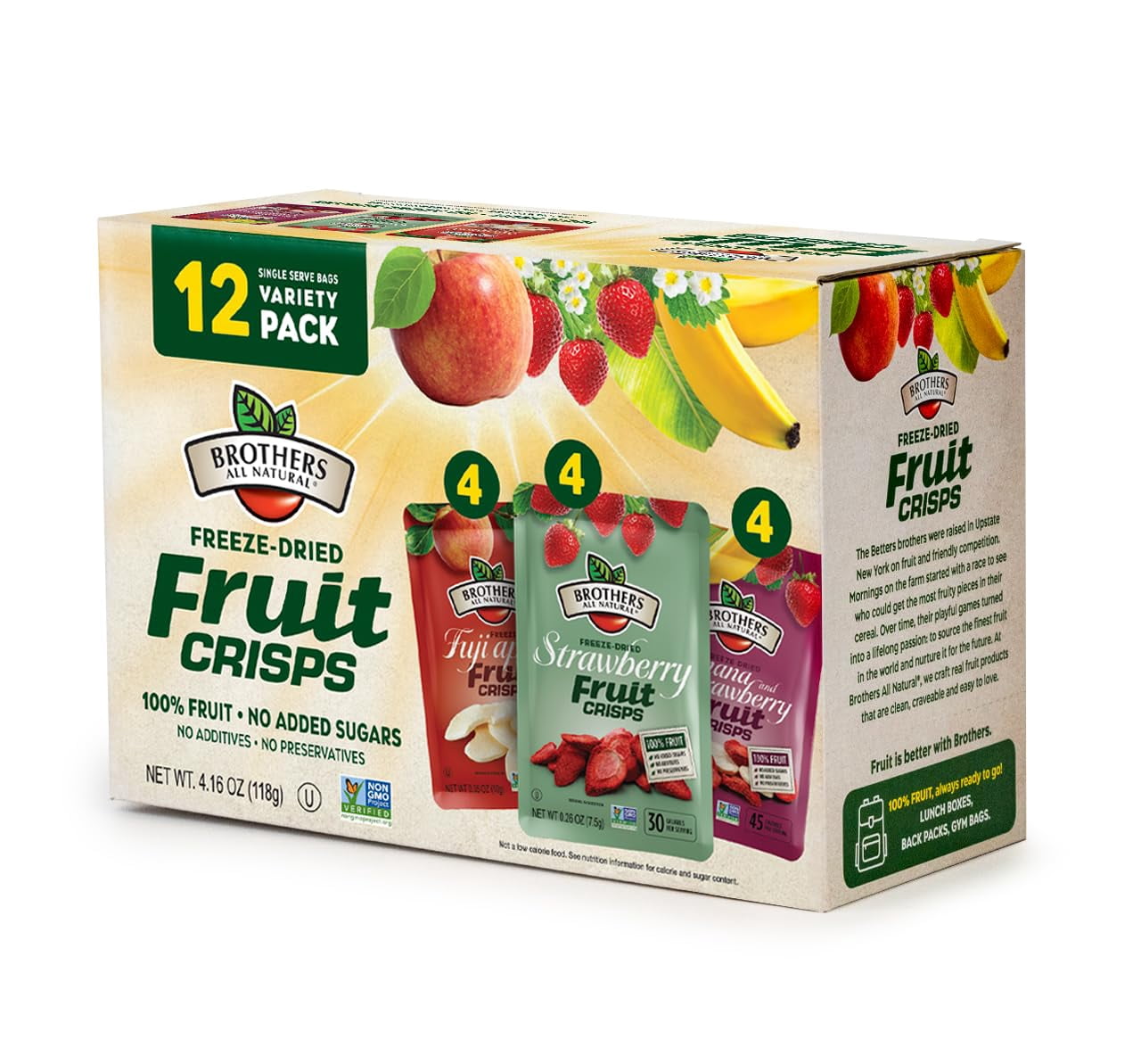 Brothers All Natural Freeze Dried Fruit Crisps, Variety Pack, 12 Single Serve Bags, Fuji Apple, Strawberry, Banana Strawberry, Made with 100% Fruit, Gluten Free, Soy Free, Vegan, Healthy Snack