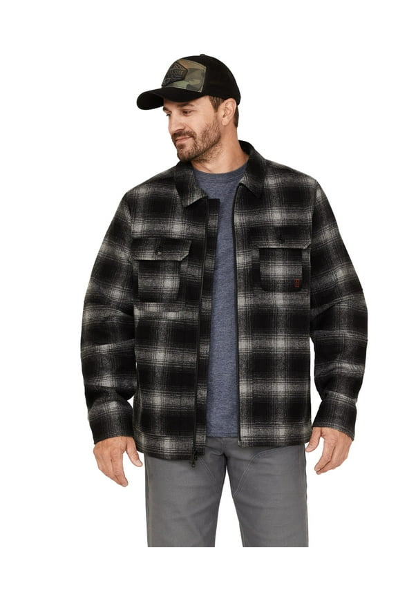 Men's Wool Full Zip Plaid Print Jacket Black XX-