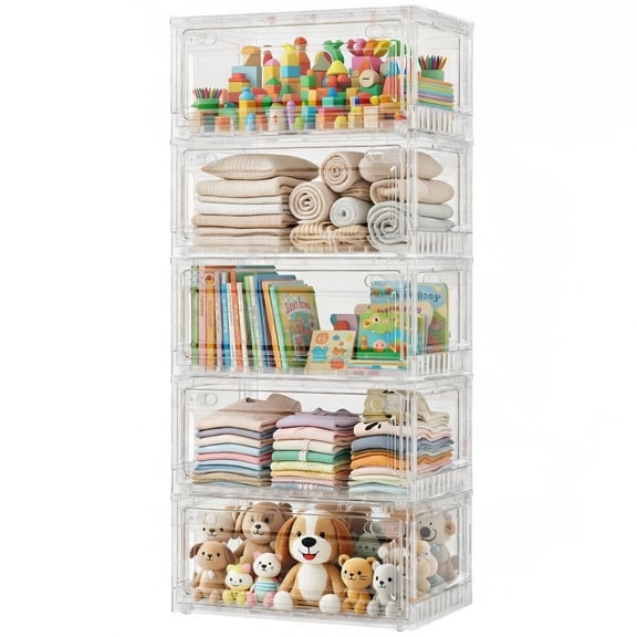 Broview 100Gal Clear Stackable Storage Bins with Latching Lids & Wheels, 5Pack Plastic Foldable Closet Organizers Box with Front Back Doors, for Home Room Toys Crafts