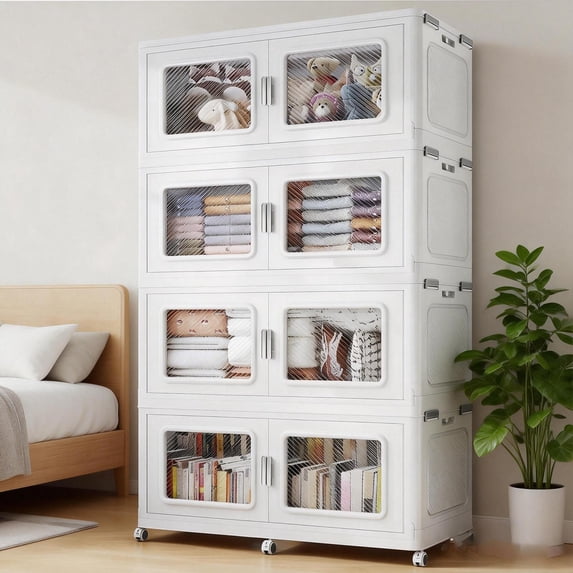 Broview 1200QT Stackable Storage Bins with Lids, Extra Large 300Gal Foldable Crates for Family Storage, Kids Sports Gear, Holiday Decor, Space Saving Collapsible Toy, Closet Organizers, 4-Pack White