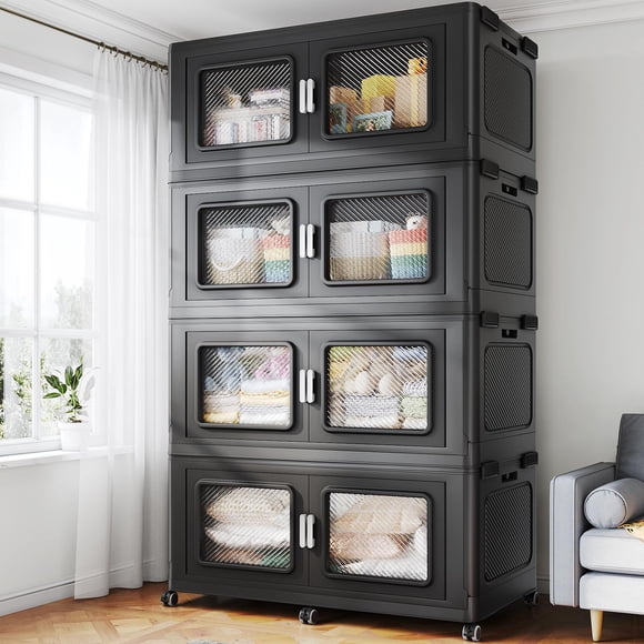 Broview 1200QT Stackable Storage Bins with Lids, Extra Large 300Gal Foldable Crates for Family Storage, Kids Sports Gear, Holiday Decor, Space Saving Collapsible Toy Closet Organizers, 4-Pack Black