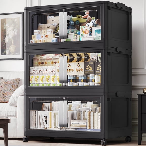 Broview 120Gal Extra Large Stackable Storage Bins with 3 Lids, 480Qt Collapsible Plastic Storage Box with Clear Doors, Foldable Containers with Drawers, 360° Swivel Wheels, Black, 3Pack V70
