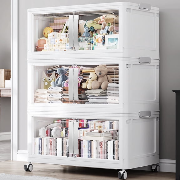 Broview 120Gal Extra Large Stackable Storage Bins with 3 Lids, 480Qt Collapsible Plastic Storage Box with Clear Doors, Foldable Containers with Drawers, 360° Swivel Wheels, White, 3Pack V70