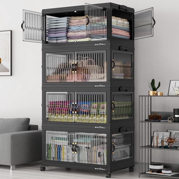 Broview 120Gal Stackable Storage Bins with 3x Lids, Front and Side Open Doors, Collapsible Closet Organizer and Storage Cabinet, Plastic Folding Box with Wheel Drawer for Home Office, 4Pack Black