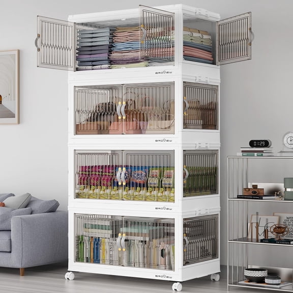 Broview 120Gal Stackable Storage Bins with 4x Lids, Front and Side Open Doors, Collapsible Closet Organizer and Storage Cabinet, Plastic Folding Box with Wheel Drawer for Home Office, 4Pack White