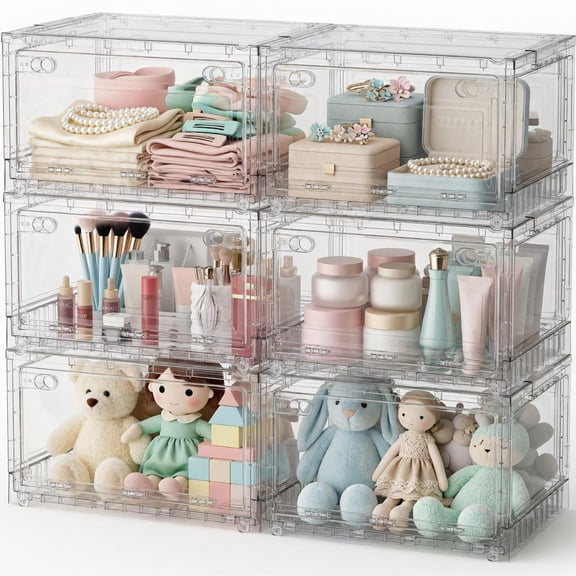 Broview 120Gal Stackable Storage Bins with Latching Lids & Wheels, Clear Plastic Foldable Closet Organizers Box with Front Back Doors, for Cosmetic Toys Shoes, 6Pack