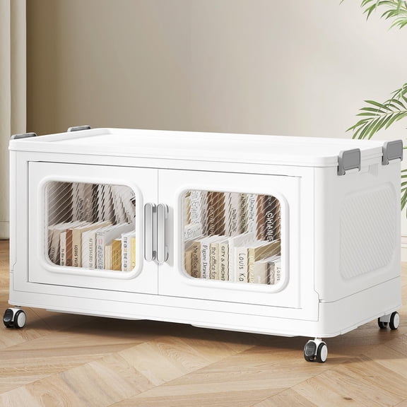 Broview 120QT Stackable Storage Bins with Lids - Large Collapsible Storage Bins for Cloth Closets, Folding Storage Cabinet Containers, Plastic Storage box with Doors and Wheels For Home, 1 Pack Cube
