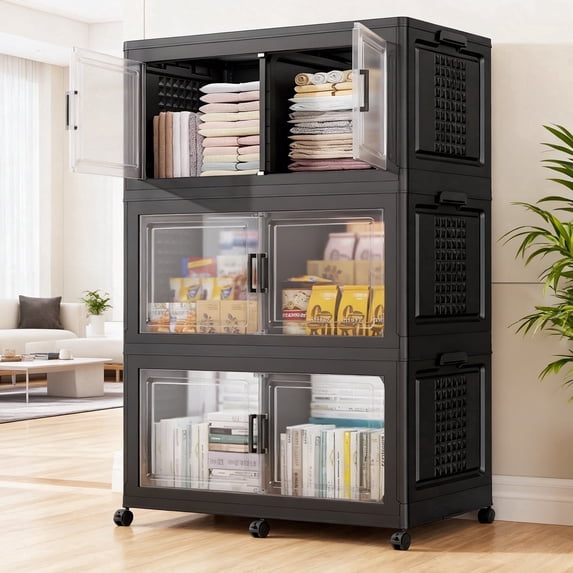 Broview 600QT Stackable Storage Bins with Lid, Wheels & Dividers, Extra Large Collapsible Plastic Closet Organizers Storage Cabinet Box,3Pack Black