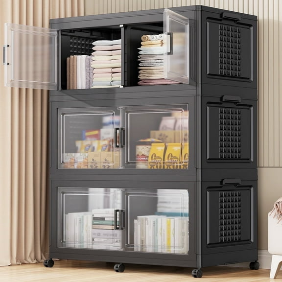 Broview 600QT Stackable Storage Bins with Lid, Wheels & Dividers, Extra Large Collapsible Plastic Closet Organizers Storage Cabinet Box,3Pack Black