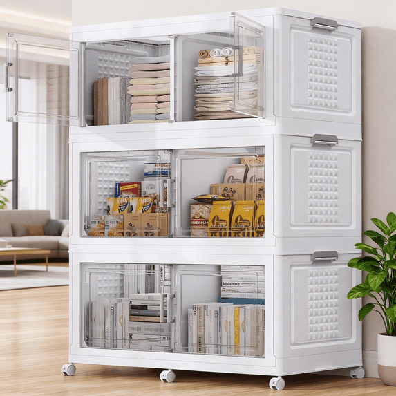 Broview 600QT Stackable Storage Bins with Lid, Wheels & Dividers, Extra Large Collapsible Plastic Closet Organizers Storage Cabinet Box,3Pack White