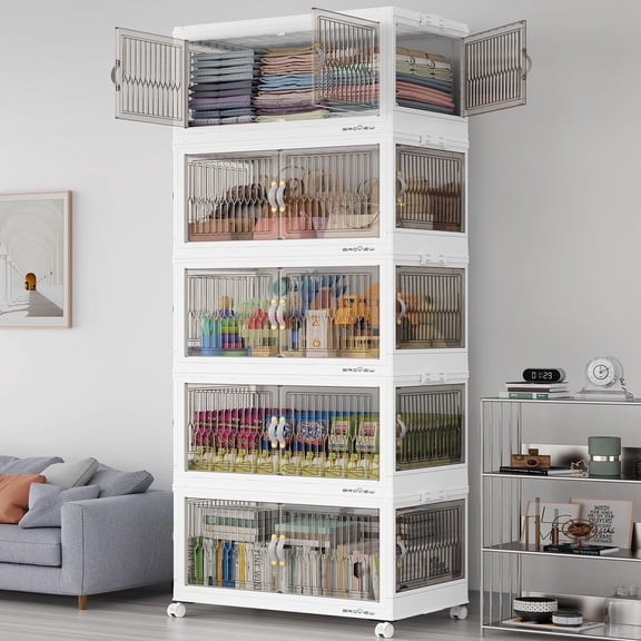 Broview 150Gal Stackable Storage Bins with 5x Lids, Front and Side Open Doors, Collapsible Closet Organizer and Storage Cabinet, Plastic Folding Box with Wheel Drawer for Home Office, 5Pack White