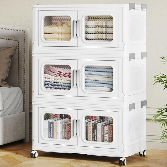 Broview 150QT Stackable Storage Bins with Lids, 37.5 Gal Heavy-Duty Foldable Crates for Family Storage, Kids Sports Gear, Holiday Decor, Space Saving Collapsible Toy & Closet Organizers, 3-Pack White