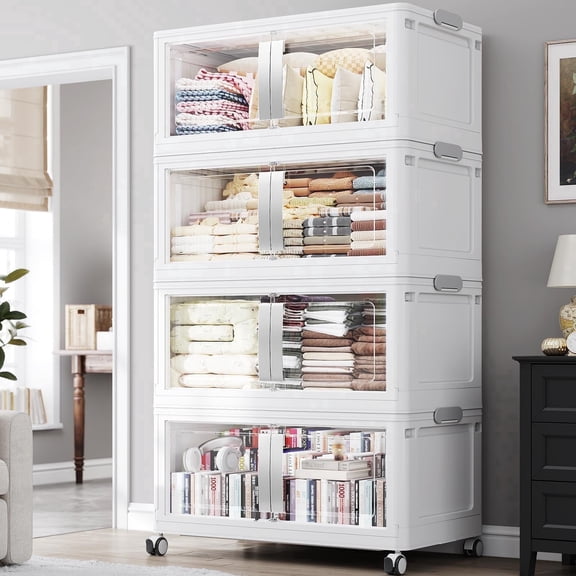 Broview 160Gal Extra Large Stackable Storage Bins with 4 Lids, 640Qt Collapsible Plastic Storage Box with Clear Doors, Foldable Containers with Drawers, 360° Swivel Wheels, White, 4Pack V70