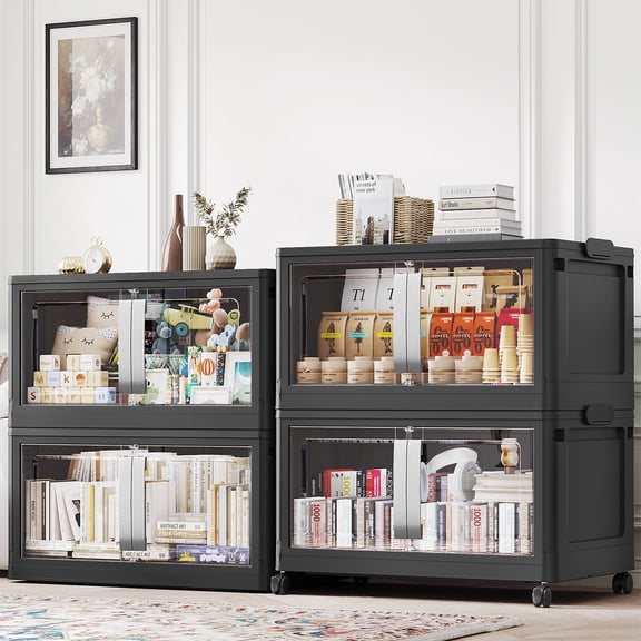 Broview 160Gal Extra Large Stackable Storage Bins with 4 lids, 640Qt Collapsible Plastic Storage Box with Clear Doors, Foldable Containers With Drawers, 360° Swivel Wheels, Black, 4Pack V70