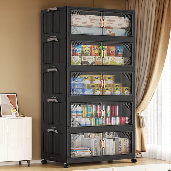 Broview 700QT Plastic Stackable Storage Bins with Lid, Extra Large Folding Closet Organizers, Storage Drawers with 4x Wheels, Collapsible Cabinets for Closet Clothes Organization, 5Pack Black, V60