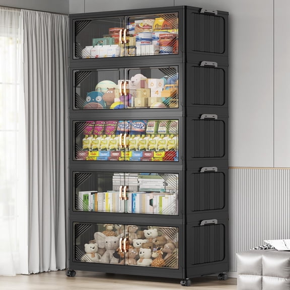Broview 175Gal Plastic Stackable Storage Bins with Lid, 700QT Extra Large Containers With Drawers, Folding Closets with 4x Wheels, Collapsible Cabinets Organizers for Home Office, 5Pack Black, V60