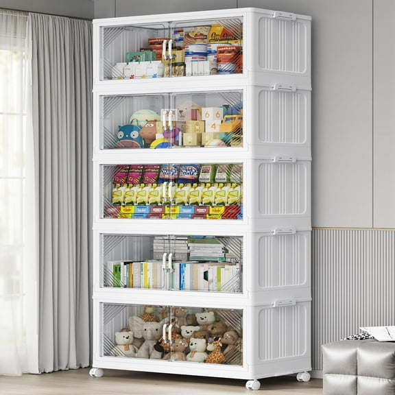 Broview 175Gal Plastic Stackable Storage Bins with Lid, 700QT Extra Large Containers With Drawers, Folding Closets with 4x Wheels, Collapsible Cabinets Organizers for Home Office, 5Pack White, V60