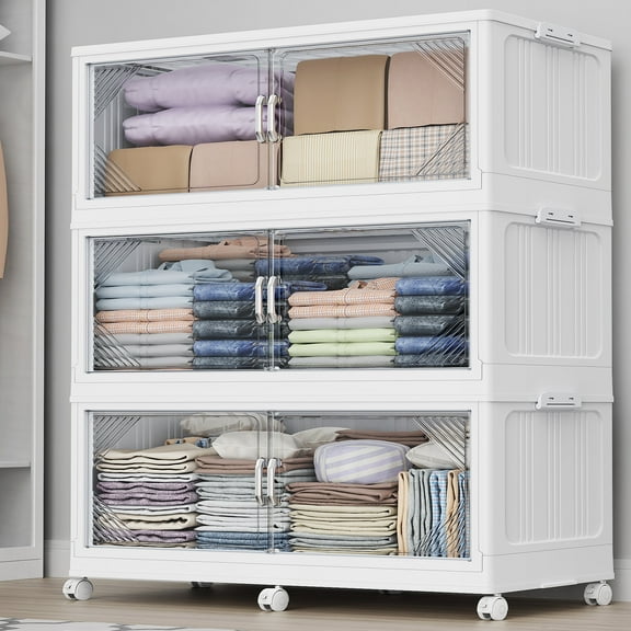 Broview 175Gal Plastic Stackable Storage Bins with Lid, 700QT Extra Large Containers With Drawers, Folding Closets with 6x Wheels, Collapsible Cabinets Organizers for Home Office, 3Pack White, V60