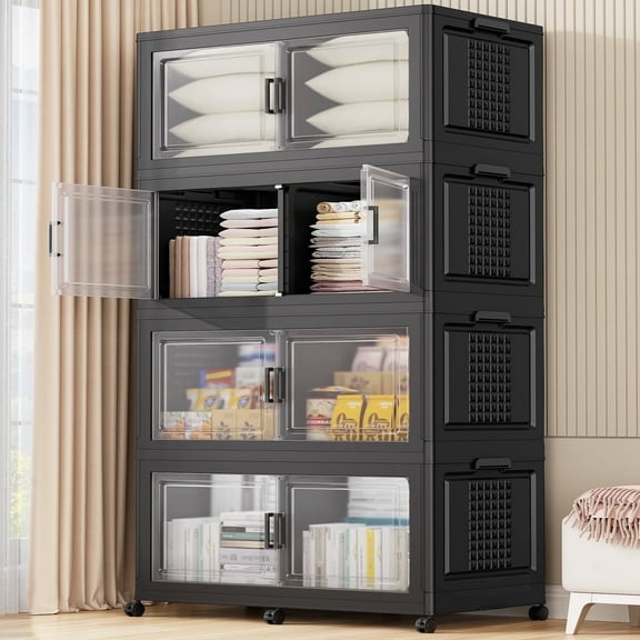 Broview 800QT Stackable Storage Bins with Lid, Wheels & Dividers, Extra Large Collapsible Plastic Closet Organizers Storage Cabinet Box,4Pack Black