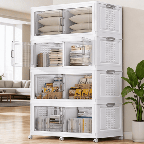 Broview 800QT Stackable Storage Bins with Lid, Wheels & Dividers, Extra Large Collapsible Plastic Closet Organizers Storage Cabinet Box,4Pack White