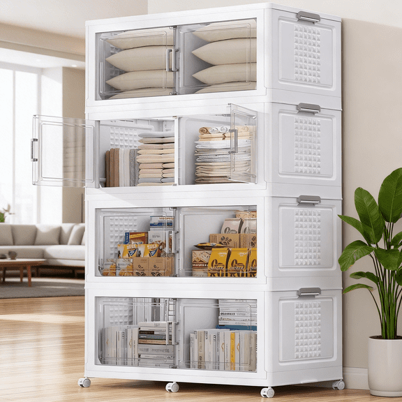 Broview 800QT Stackable Storage Bins with Lid, Wheels & Dividers, Extra Large Collapsible Plastic Closet Organizers Storage Cabinet Box,4Pack White