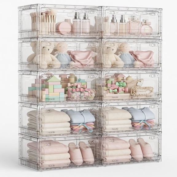 Broview 200Gal Stackable Storage Bins with Latching Lids & Wheels, Clear Plastic Foldable Closet Organizers Box with Front Back Doors, for Cosmetic Toys Shoes, 10Pack