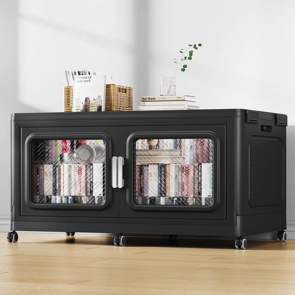 Broview 220QT Stackable Storage Bins with Lids - Large Collapsible Storage Bins for Cloth Closets, Folding Storage Cabinet Containers, Plastic Storage box with Doors and Wheels For Home, 1 Pack Cube