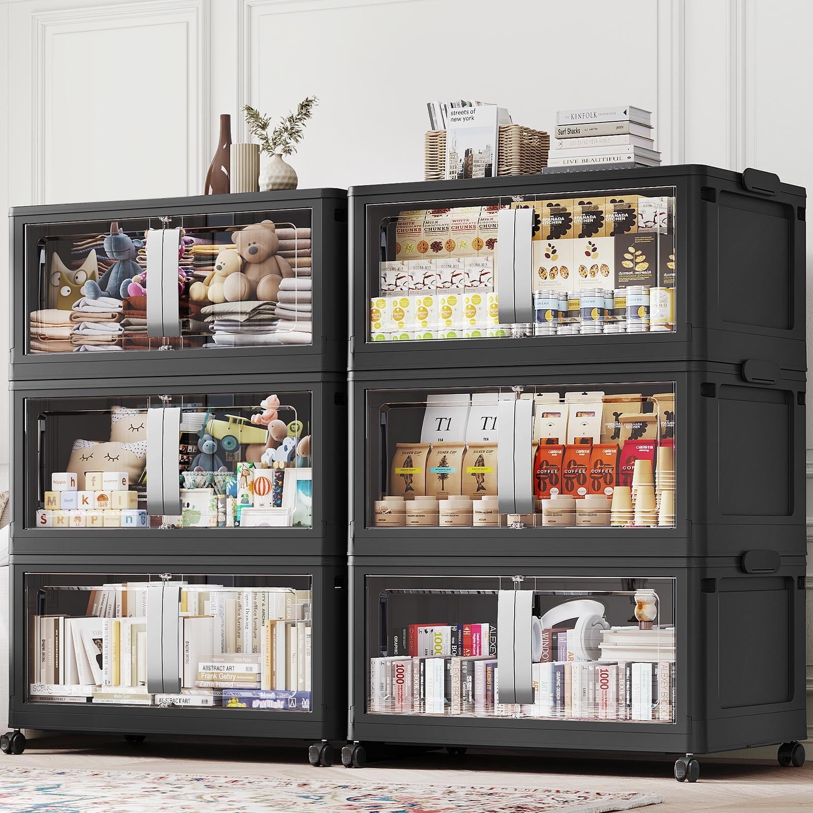 Broview 240Gal Extra Large Stackable Storage Bins, 960Qt Collapsible Plastic Storage Box with Clear Doors, Foldable Containers With Drawers, Magnetic Closure, 360° Swivel Wheels, Black, 6Pack V70
