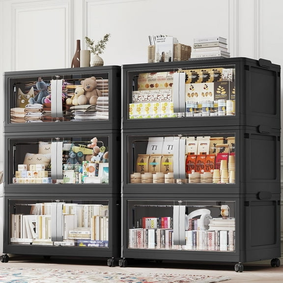 Broview 240Gal Extra Large Stackable Storage Bins, 960Qt Collapsible Plastic Storage Box with Clear Doors, Foldable Containers With Drawers, Magnetic Closure, 360° Swivel Wheels, Black, 6Pack V70