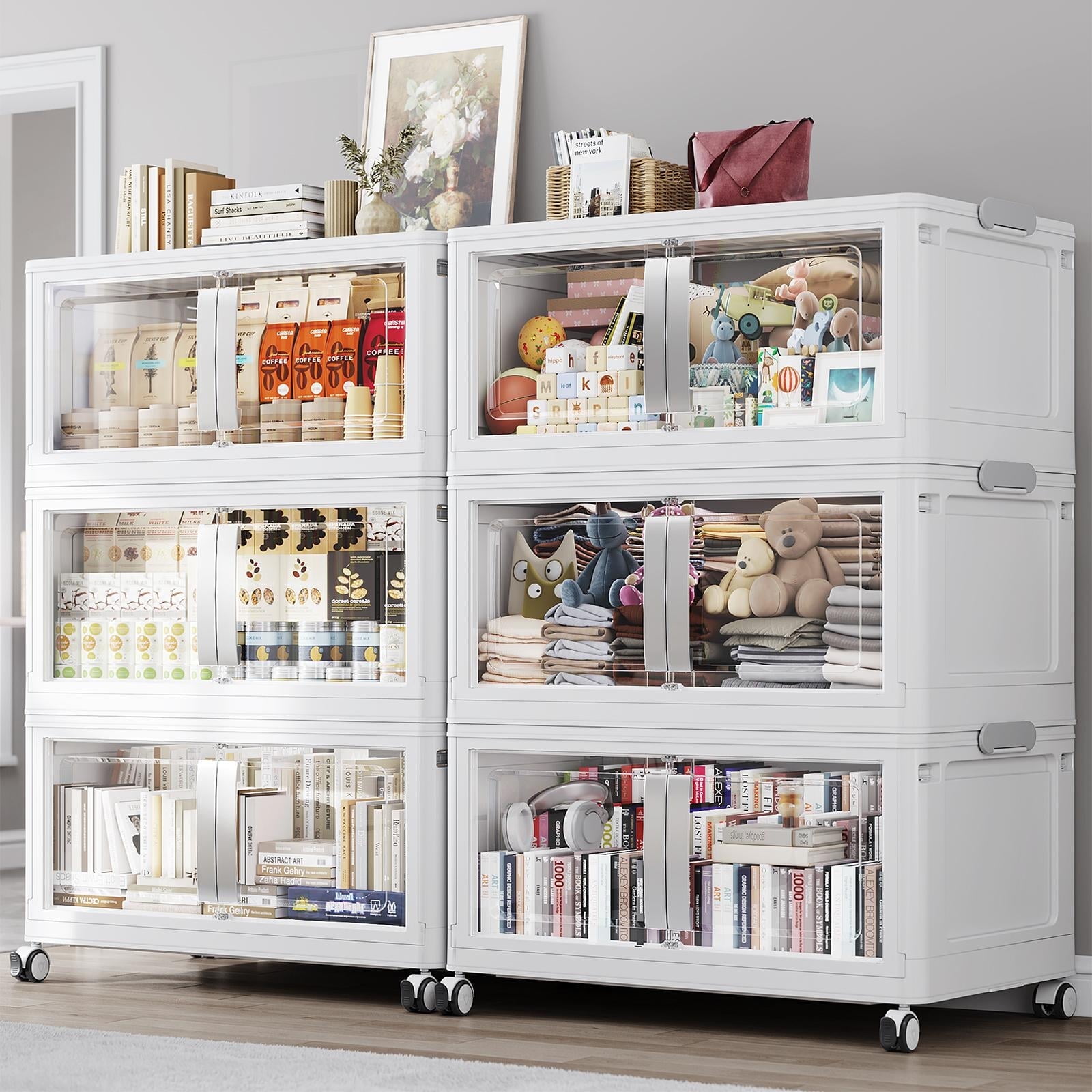 Broview 240Gal Extra Large Stackable Storage Bins, 960Qt Collapsible Plastic Storage Box with Clear Doors, Foldable Containers With Drawers, Magnetic Closure, 360° Swivel Wheels, White, 6Pack V70