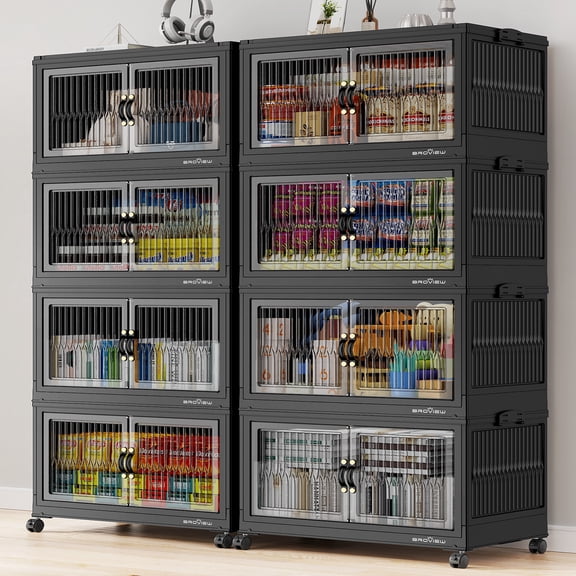 Broview 240Gal Large Stackable Storage Bins with Lid & Doors, 960QT Folding Closet Organizers with 8x Wheels, Plastic Containers With Drawers, Collapsible Cabinets Boxes for Home, 8Pack Black, V8