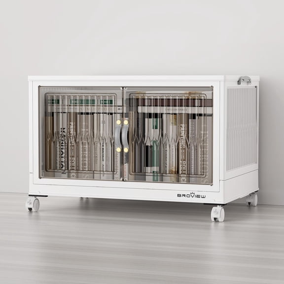 Broview 25Gal Large Stackable Storage Bins with Lid & Doors, 100QT Folding Closet Organizers with 4x Wheels, Plastic Containers With Drawers, Collapsible Cabinets Boxes for Home, 1Pack White, V8