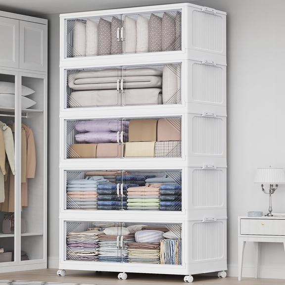 Broview 275Gal Plastic Stackable Storage Bins with Lid, 1100QT Extra Large Containers With Drawers, Folding Closets with 6x Wheels, Collapsible Cabinets Organizers for Home Office, 4Pack White, V60
