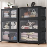 Broview 300Gal Extra Large Stackable Storage Bins with 2 Lids and 12 Wheels, 6Pack Plastic Bins with 6 Dividers, Closet Organizers and Storage Cabinet Shelves Collapsible Box for Home Office, Black
