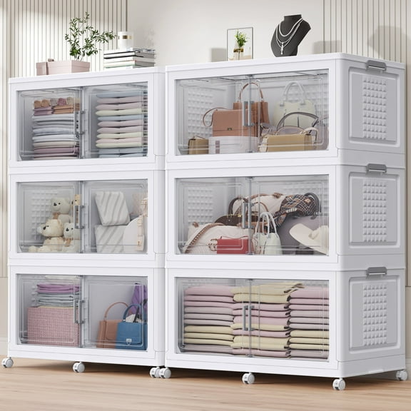 Broview 300Gal Extra Large Stackable Storage Bins with 2 Lids & Wheels, 6Pack Plastic Collapsible Box with Dividers, Closet Organizers Cabinet, White