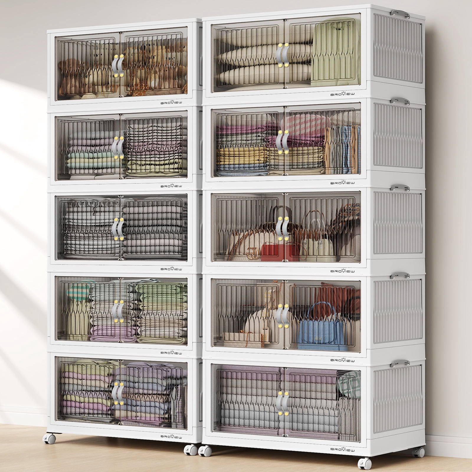 Broview 300Gal Large Stackable Storage Bins with Lid & Doors, 1200QT Folding Closet Organizers with 8x Wheels, Plastic Containers With Drawers, Collapsible Cabinets Boxes for Home, 10Pack White, V8