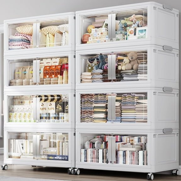 Broview 320Gal Extra Large Stackable Storage Bins, 1280Qt Collapsible Plastic Storage Box with Clear Doors, Foldable Containers With Drawers, Magnetic Closure, 360° Swivel Wheels, White, 8Pack V70