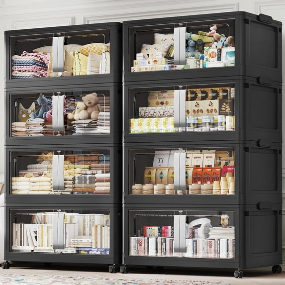 Broview 320Gal Extra Large Stackable Storage Bins, 1280Qt Collapsible Plastic Storage Box with Clear Doors, Foldable Containers With Drawers, Magnetic Closure, 360° Swivel Wheels, Black, 8Pack V70