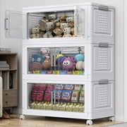 Broview 327QT Stackable Storage Bins with Lid & Wheels, Large Collapsible Plastic Closet Organizers Storage Cabinet Box,3Pack Black