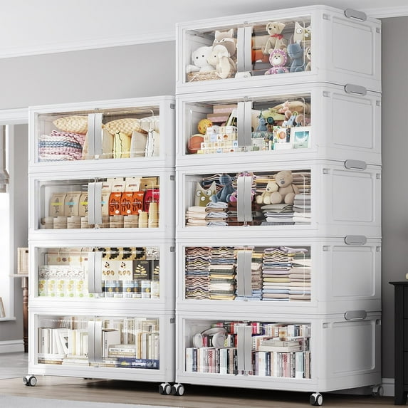 Broview 360Gal Extra Large Storage Bins, 1440Qt Stackable & Collapsible Plastic Storage Box with Clear Doors, Foldable Containers With Drawers, Magnetic Closure, 360° Swivel Wheels, White, 9Pack V70