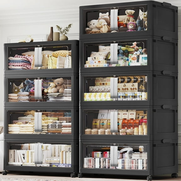 Broview 360Gal Extra Large Storage Bins, 1440Qt Stackable & Collapsible Plastic Storage Box with Clear Doors, Foldable Containers With Drawers, Magnetic Closure, 360° Swivel Wheels, Black, 9Pack V70