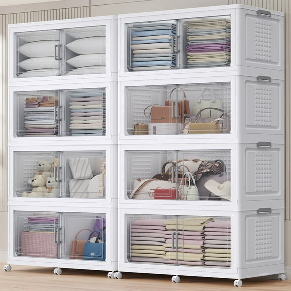 Broview 400Gal Extra Large Stackable Storage Bins with 2 Lids & Wheels, 8Pack Plastic Collapsible Box with Dividers, Closet Organizers Cabinet, White