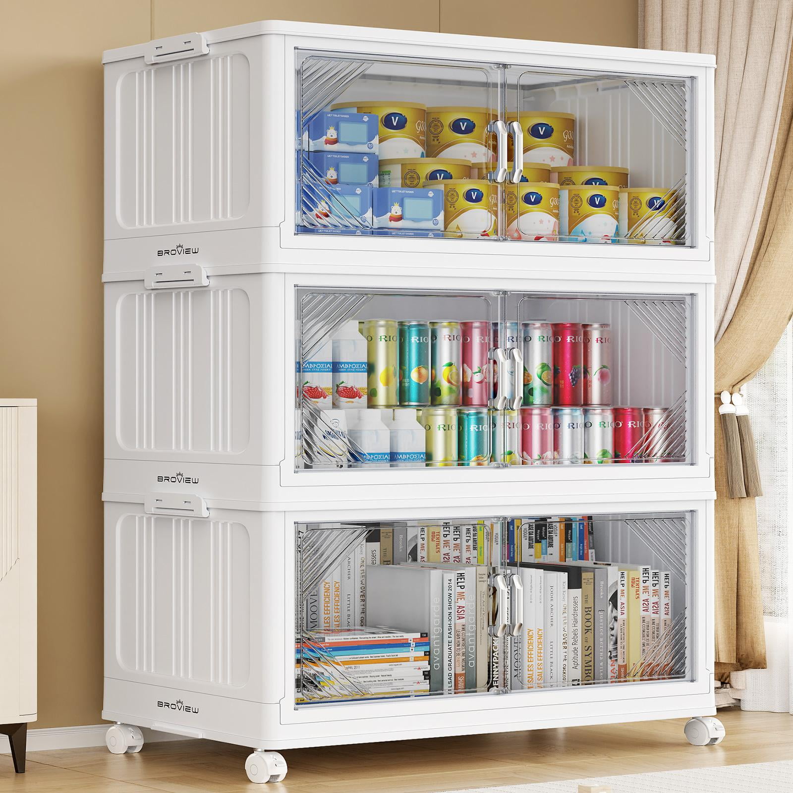 Broview 420QT Plastic Stackable Storage Bins with Lid, Extra Large Folding Closet Organizers, Storage Drawers with 4x Wheels, Collapsible Cabinets for Closet Clothes Organization, 3Pack White, V60