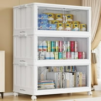 Broview 420QT Plastic Stackable Storage Bins with Lid, Extra Large Folding Closet Organizers, Storage Drawers with 4x Wheels, Collapsible Cabinets for Closet Clothes Organization, 3Pack White, V60