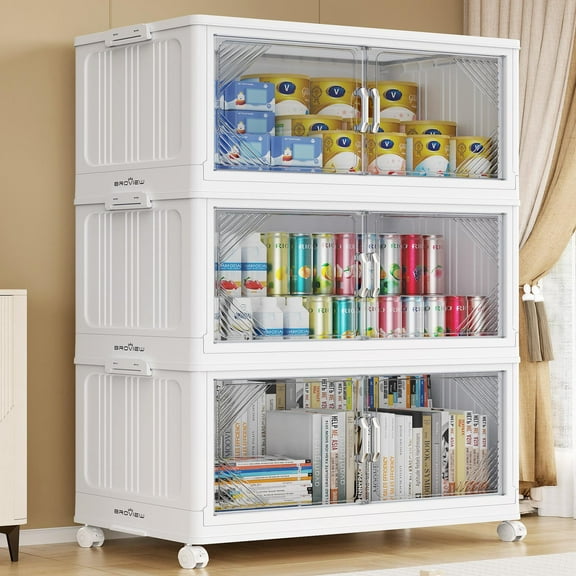 Broview 420QT Plastic Stackable Storage Bins with Lid, Extra Large Folding Closet Organizers, Storage Drawers with 4x Wheels, Collapsible Cabinets for Closet Clothes Organization, 3Pack White, V60