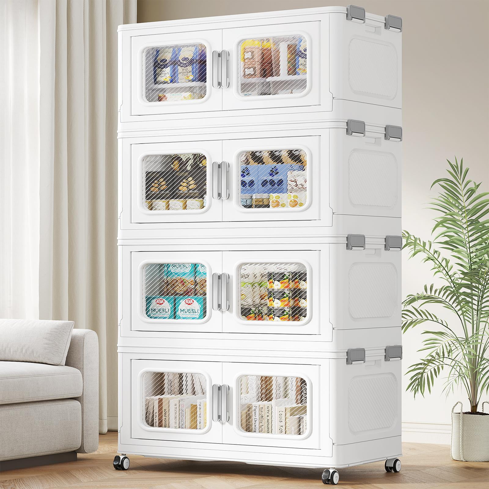 Broview 480QT Stackable Storage Bins with Lids, Extra Large 120Gal Foldable Crates for Family Storage, Kids Sports Gear, Holiday Decor, Space Saving Collapsible Toy, Closet Organizers, 4-Pack White