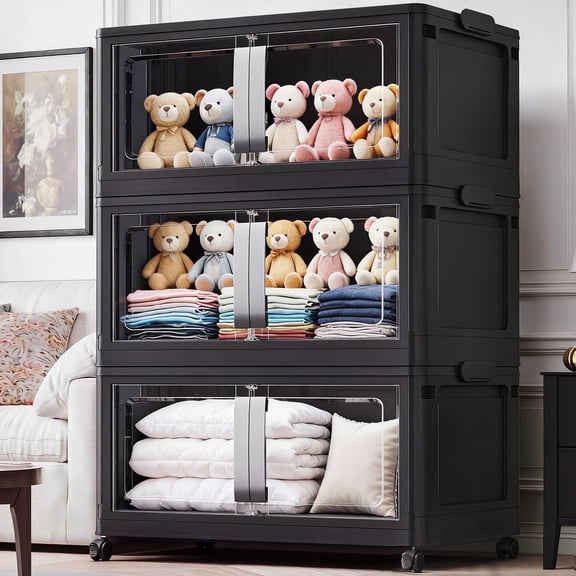 Broview 480Qt Stackable Storage Bins with Lids, Plastic Closet Organizers and Storage Drawer with Wheels, Large Collapsible Storage Box Storage Cabinet for Toy Clothes Home Organization, Black V70